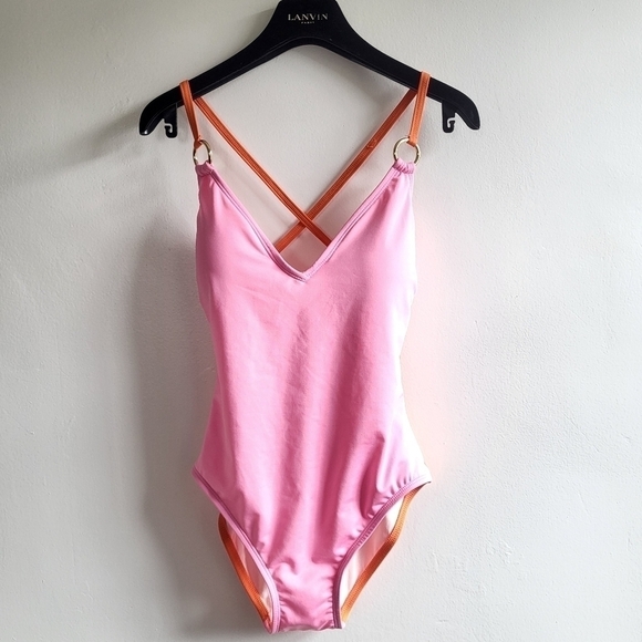 New Kate Spade NY Plunging V-Neck Colorblock Barbie Pink/Orange Swimsuit Small - Picture 7 of 17